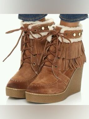 Sam Edelman Mocha Kemper Fringe Wedge Lace Up Booties Size 8 US $150
